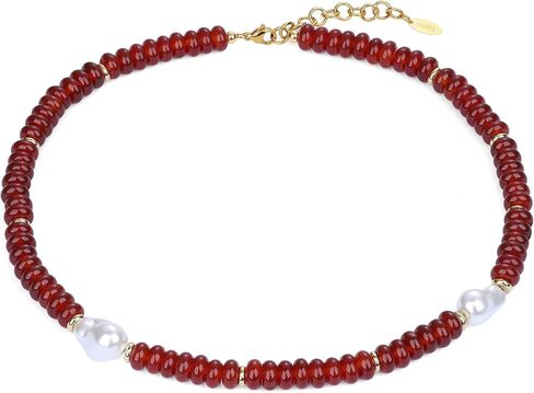 SAMYA Beaded Necklace for Women with Natural Gemstone & Baroque Pearl, Adjustable 16.5"+2" Layering Necklace, Boho Summer Beach Jewelry in Kuwait