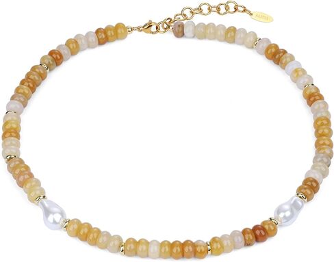 SAMYA Beaded Necklace for Women with Natural Gemstone & Baroque Pearl, Adjustable 16.5"+2" Layering Necklace, Boho Summer Beach Jewelry in Kuwait