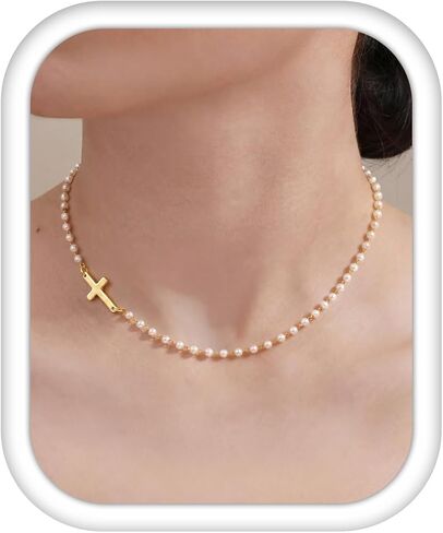 ADRAMATA Pearl Cross Necklace for Women - 14K Gold Plated Small Cross Pendant Choker Necklace Trendy Dainty Religious Baptism Wedding Faith Jewelry Gifts in Saudi Arabia