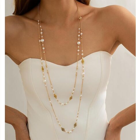 Long Layered Necklace for Women Adjustable Multi-Way Pearl & Beaded Double Strand Y Style Jewelry Dainty Statement Chain – Boho Country Concert Outfit Jewelry, Sweater Chain in Saudi Arabia