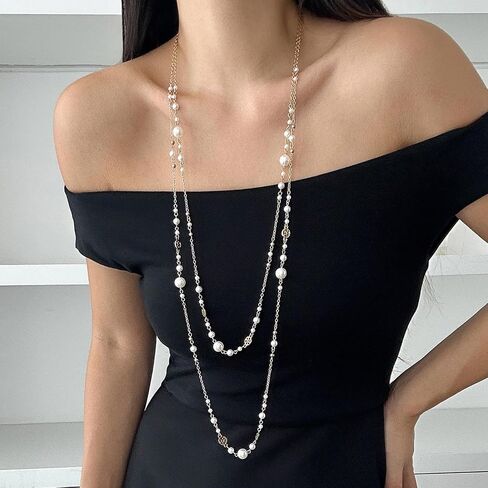 Long Layered Necklace for Women Adjustable Multi-Way Pearl & Beaded Double Strand Y Style Jewelry Dainty Statement Chain – Boho Country Concert Outfit Jewelry, Sweater Chain in Saudi Arabia