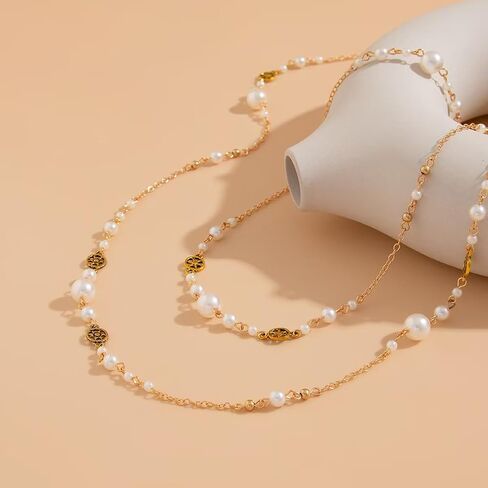 Long Layered Necklace for Women Adjustable Multi-Way Pearl & Beaded Double Strand Y Style Jewelry Dainty Statement Chain – Boho Country Concert Outfit Jewelry, Sweater Chain in Saudi Arabia
