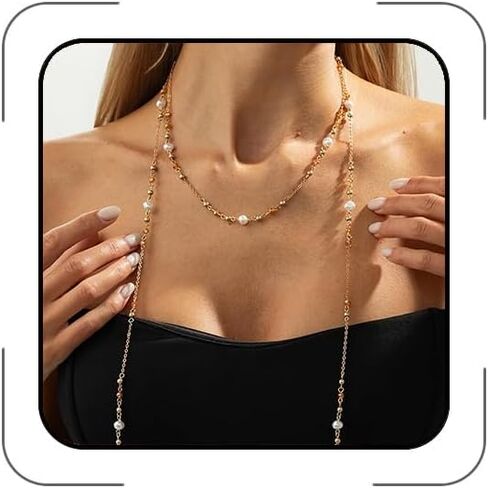 Long Layered Necklace for Women Adjustable Multi-Way Pearl & Beaded Double Strand Y Style Jewelry Dainty Statement Chain – Boho Country Concert Outfit Jewelry, Sweater Chain in Saudi Arabia