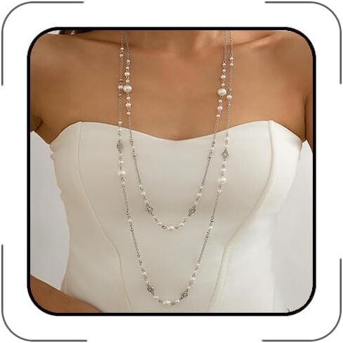 Long Layered Necklace for Women Adjustable Multi-Way Pearl & Beaded Double Strand Y Style Jewelry Dainty Statement Chain – Boho Country Concert Outfit Jewelry, Sweater Chain in Saudi Arabia