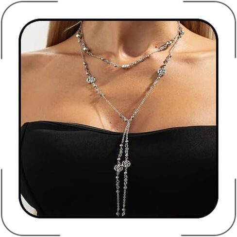 Long Layered Necklace for Women Adjustable Multi-Way Pearl & Beaded Double Strand Y Style Jewelry Dainty Statement Chain – Boho Country Concert Outfit Jewelry, Sweater Chain in Saudi Arabia
