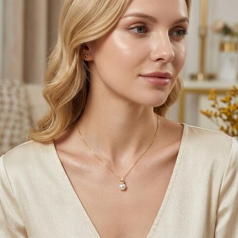 Real 14k Gold Diamond Pearl Pendant and Sterling Silver Box Chain Necklace for Women, 18"+2" in Saudi Arabia