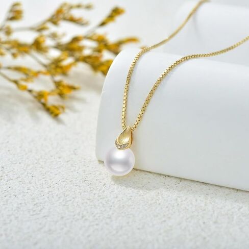 Real 14k Gold Diamond Pearl Pendant and Sterling Silver Box Chain Necklace for Women, 18"+2" in Saudi Arabia