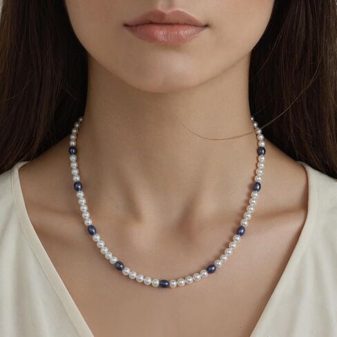 Natural Freshwater Pearl Bead Necklace for Women, Sterling Silver and 18K Gold-Plated, Multiple Styles, Ideal for Valentine's Day, Anniversaries, and Birthdays(White and Black) in Saudi Arabia
