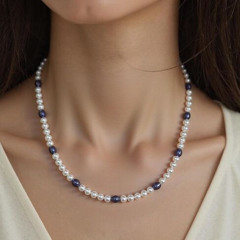 Natural Freshwater Pearl Bead Necklace for Women, Sterling Silver and 18K Gold-Plated, Multiple Styles, Ideal for Valentine's Day, Anniversaries, and Birthdays(White and Black) in Saudi Arabia