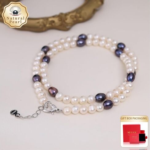 Natural Freshwater Pearl Bead Necklace for Women, Sterling Silver and 18K Gold-Plated, Multiple Styles, Ideal for Valentine's Day, Anniversaries, and Birthdays(White and Black) in Saudi Arabia
