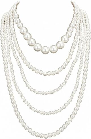 Pearl Necklaces for Women, Five Layer Pearl Necklace, Multi Long Strand Layered Pearls Necklaces,Retro style for Wedding Party 1920s Costume Jewelry in Kuwait