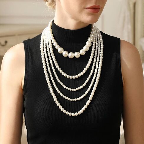 Pearl Necklaces for Women, Five Layer Pearl Necklace, Multi Long Strand Layered Pearls Necklaces,Retro style for Wedding Party 1920s Costume Jewelry in Kuwait