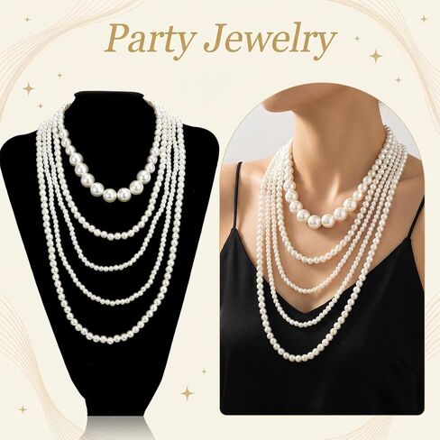 Pearl Necklaces for Women, Five Layer Pearl Necklace, Multi Long Strand Layered Pearls Necklaces,Retro style for Wedding Party 1920s Costume Jewelry in Kuwait