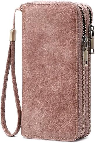 Genuine Leather Women's Cellphone Wallet with Dual Zipper, Long Design & Removable Wristlet Strap, Includes Box (Leopard print) in Kuwait