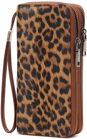 Genuine Leather Women's Cellphone Wallet with Dual Zipper, Long Design & Removable Wristlet Strap, Includes Box (Leopard print) in Kuwait