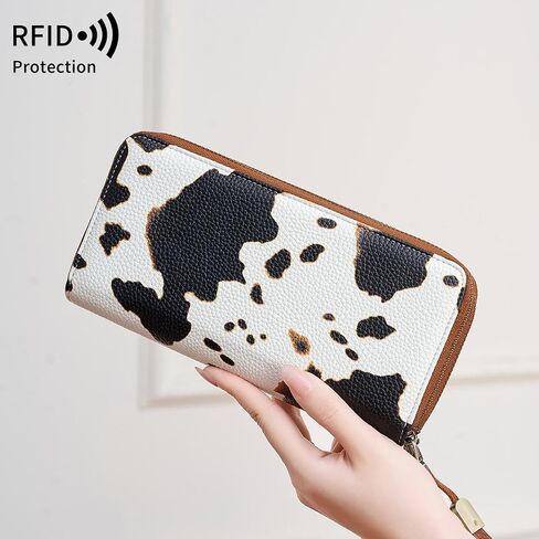 Genuine Leather Women's Cellphone Wallet with Dual Zipper, Long Design & Removable Wristlet Strap, Includes Box (Leopard print) in Kuwait
