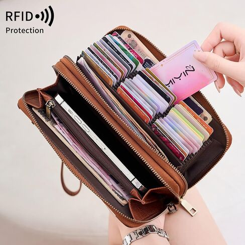 Genuine Leather Women's Cellphone Wallet with Dual Zipper, Long Design & Removable Wristlet Strap, Includes Box (Leopard print) in Kuwait