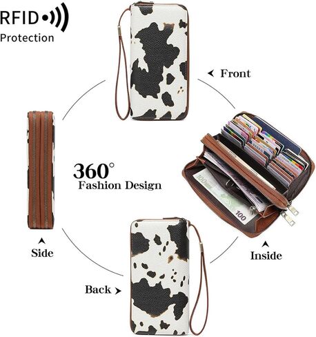 Genuine Leather Women's Cellphone Wallet with Dual Zipper, Long Design & Removable Wristlet Strap, Includes Box (Leopard print) in Kuwait