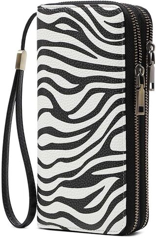 Genuine Leather Women's Cellphone Wallet with Dual Zipper, Long Design & Removable Wristlet Strap, Includes Box (Leopard print) in Kuwait