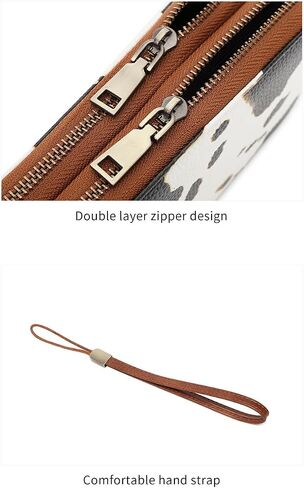 Genuine Leather Women's Cellphone Wallet with Dual Zipper, Long Design & Removable Wristlet Strap, Includes Box (Leopard print) in Kuwait