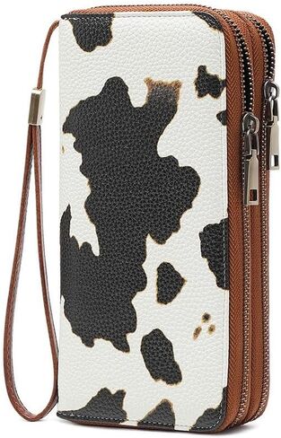 Genuine Leather Women's Cellphone Wallet with Dual Zipper, Long Design & Removable Wristlet Strap, Includes Box (Leopard print) in Kuwait