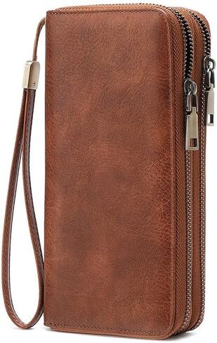 Genuine Leather Women's Cellphone Wallet with Dual Zipper, Long Design & Removable Wristlet Strap, Includes Box (Leopard print) in Kuwait