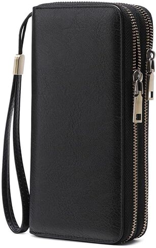 Genuine Leather Women's Cellphone Wallet with Dual Zipper, Long Design & Removable Wristlet Strap, Includes Box (Leopard print) in Kuwait
