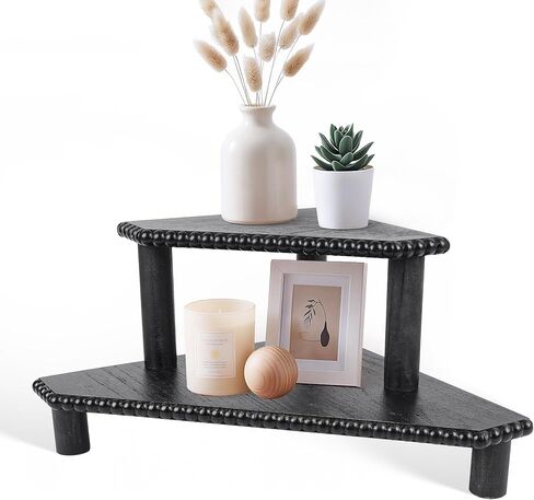 2-Tier Rustic Corner Shelf for Kitchen Counter,Wood Beaded Farmhouse Countertop Organizer with Removable Feet, Stackable Bathroom Vanity & Coffee Bar Decorative Riser Stand(Rustic Walnut) in Saudi Arabia