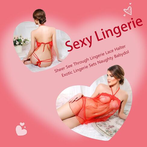 Sexy Lingerie for Women, Sheer See Through Lingerie Lace Halter Exotic Lingerie Sets Naughty Babydoll Red OneSize 2-8 in Kuwait