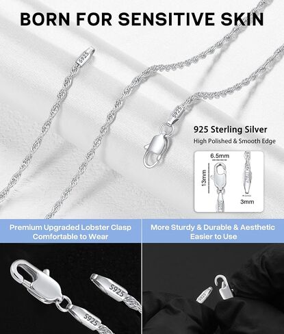 925 Sterling Silver Chain Necklace for Women, 2mm Rope Chains 14K Gold Plated Chain for Women Shiny Women's Chains Necklace 16 18 20 22 24 26 Inch in Kuwait