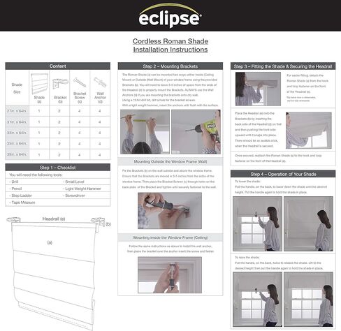 Eclipse Kylie 100% Blackout Window Roman Shade, 23 in Wide x 64 in Long, Cordless, Thermal and Noise Reducing Interior Shade Window Treatment for Home Privacy & Energy-Efficiency, Black in Kuwait