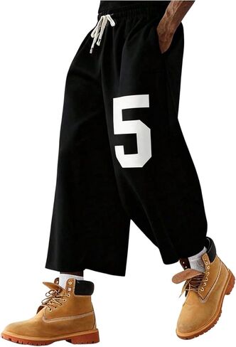 RoseSeek Men's Graphic Capri Pants Drawstring Waisted 3/4 Shorts Baggy Wide Leg Cropped Sweatpants with Pockets in Saudi Arabia