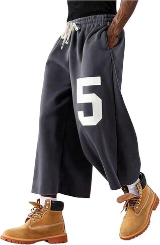 RoseSeek Men's Graphic Capri Pants Drawstring Waisted 3/4 Shorts Baggy Wide Leg Cropped Sweatpants with Pockets in Saudi Arabia