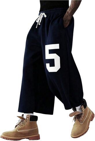 RoseSeek Men's Graphic Capri Pants Drawstring Waisted 3/4 Shorts Baggy Wide Leg Cropped Sweatpants with Pockets in Saudi Arabia