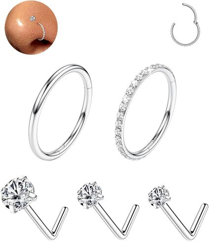 18G Nose Rings Hoop and 20g Nose Studs Sets for Women Men, Hypoallergenic 316L Surgical Steel Hinged Clicker Segment CZ Nose Hoops Double Hoop Nose Ring Septum Lip Helix Cartilage Daith Tragus Sleeper Earrings Gold Silver L Shape/Corkscrew Nose Studs Nost in Saudi Arabia