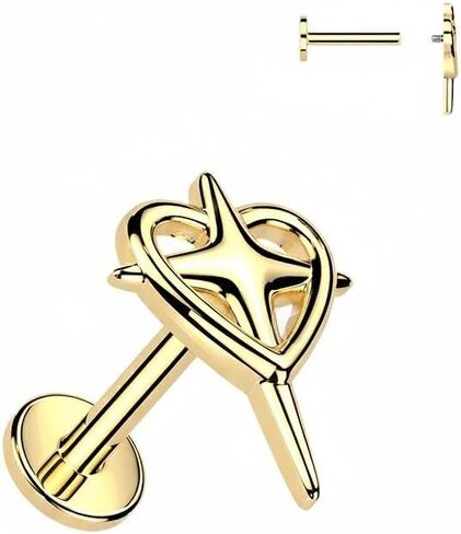 316L Internally Threaded Flat Back Labret With Heart & Cross Top in Kuwait