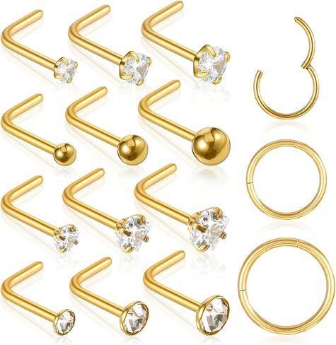 15pcs Nose Rings and Studs Set – 16G Hoops(1.2mm) & 20G L-Shaped Studs(0.8mm), 316L Surgical Steel Nose Piercing Jewelry with CZ Ball, Hinged Clicker Rings Gift for Women Men in Saudi Arabia