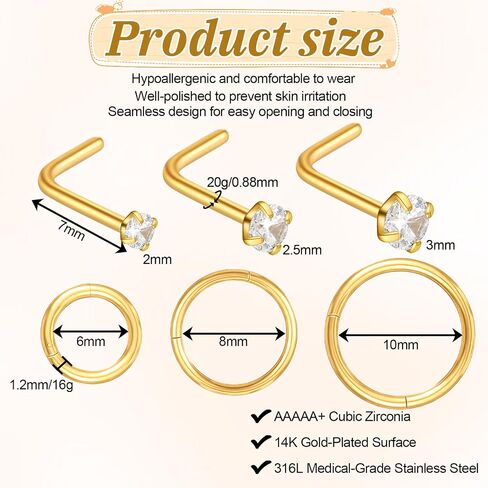 15pcs Nose Rings and Studs Set – 16G Hoops(1.2mm) & 20G L-Shaped Studs(0.8mm), 316L Surgical Steel Nose Piercing Jewelry with CZ Ball, Hinged Clicker Rings Gift for Women Men in Saudi Arabia