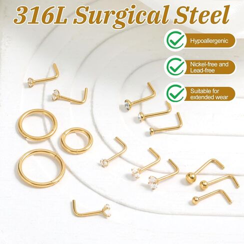 15pcs Nose Rings and Studs Set – 16G Hoops(1.2mm) & 20G L-Shaped Studs(0.8mm), 316L Surgical Steel Nose Piercing Jewelry with CZ Ball, Hinged Clicker Rings Gift for Women Men in Saudi Arabia