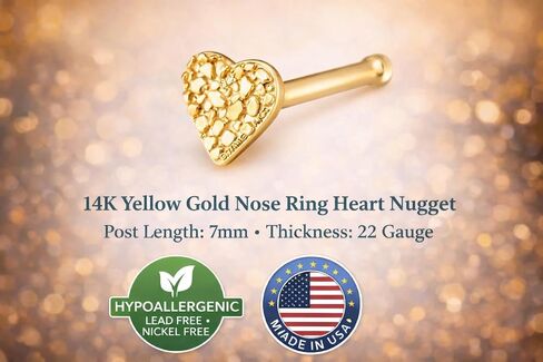 OROFELIZ Nugget Nose Stud 14K Gold Heart Shape 22 Gauge with Bone End 3mm Heart Shape in Kuwait