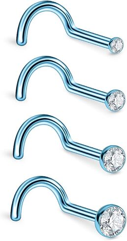Implant-grade ASTM F136 Titanium Nose Studs 18G/20G, Hypoallergenic L Bone Screw Shaped Nose Jewelry, Corkscrew Nostril Piercing Set with CZ (1.5/2/2.5/3mm), 4PCS, 5 Colors Available in Kuwait
