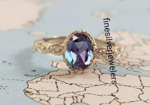 Alexandrite Oval Cut Engagement Ring | Color Changing June Birthstone in 925 Sterling Silver With Rhodium Finish | Gift for Her | Anniversary, Wedding Jewelry in Saudi Arabia