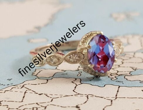 Alexandrite Oval Cut Engagement Ring | Color Changing June Birthstone in 925 Sterling Silver With Rhodium Finish | Gift for Her | Anniversary, Wedding Jewelry in Saudi Arabia