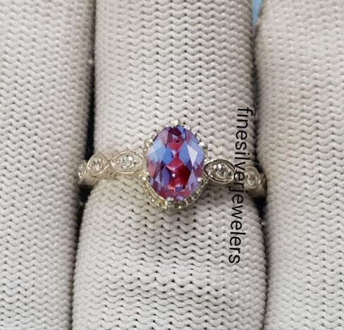 Alexandrite Oval Cut Engagement Ring | Color Changing June Birthstone in 925 Sterling Silver With Rhodium Finish | Gift for Her | Anniversary, Wedding Jewelry in Saudi Arabia