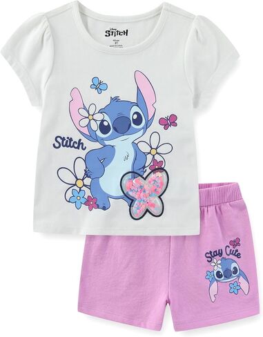 مجموعة تي شيرت للفتيات بأكمام قصيرة من Disney Lilo & Stitch وشورت French Terry للأطفال الصغار وحتى الكبار in Kuwait