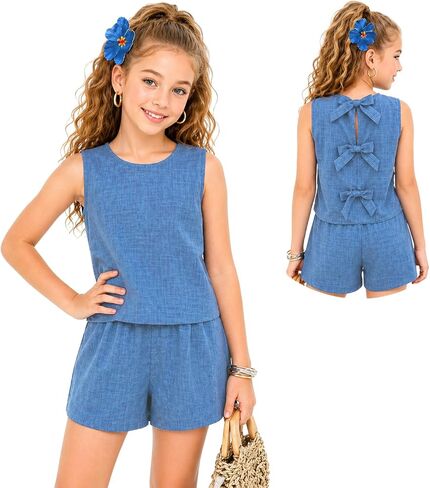 Azmxynol Tween Girls Casual Textured Fabric Bow Back Camisole Top And Shorts Set, Size 7-13 Years in Kuwait