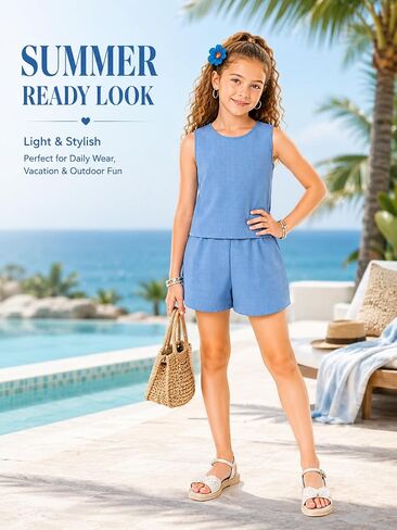 Azmxynol Tween Girls Casual Textured Fabric Bow Back Camisole Top And Shorts Set, Size 7-13 Years in Kuwait