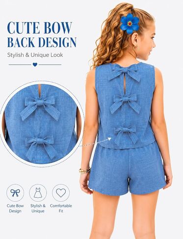 Azmxynol Tween Girls Casual Textured Fabric Bow Back Camisole Top And Shorts Set, Size 7-13 Years in Kuwait