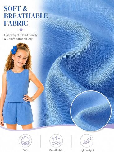 Azmxynol Tween Girls Casual Textured Fabric Bow Back Camisole Top And Shorts Set, Size 7-13 Years in Kuwait
