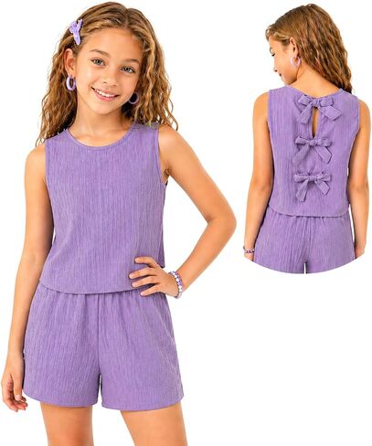 Azmxynol Tween Girls Casual Textured Fabric Bow Back Camisole Top And Shorts Set, Size 7-13 Years in Saudi Arabia